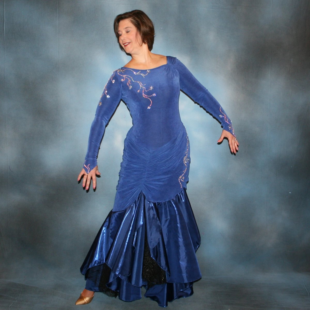 Crystal's Creations Blue Tango/ballroom dress created in sea blue luxurious solid slinky & iridescent shades of blue print chiffon is a converta ballroom dress