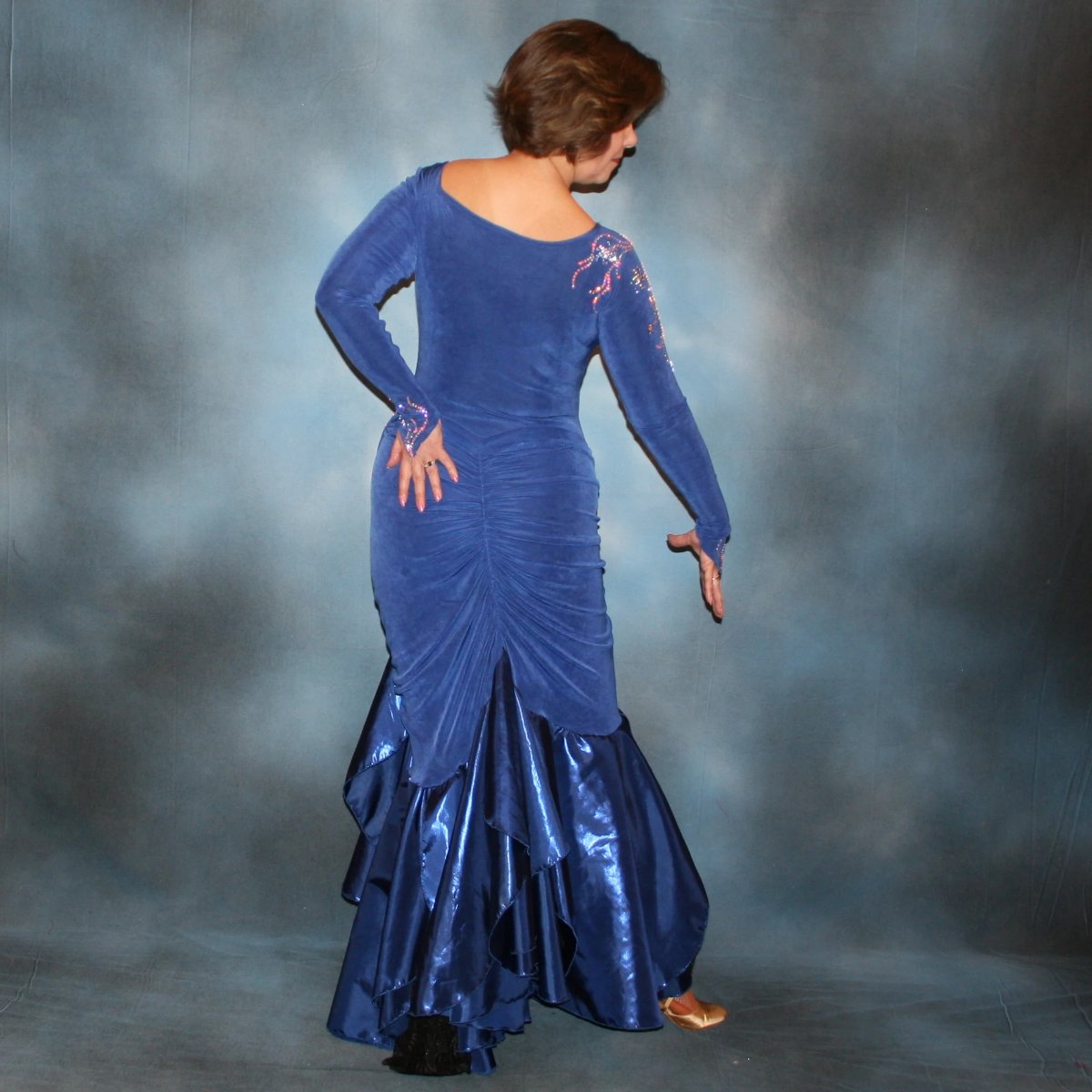 Crystal's Creations back view of Blue tango/ballroom dress created in sea blue luxurious solid slinky & iridescent shades of blue print chiffon is a converta ballroom dress