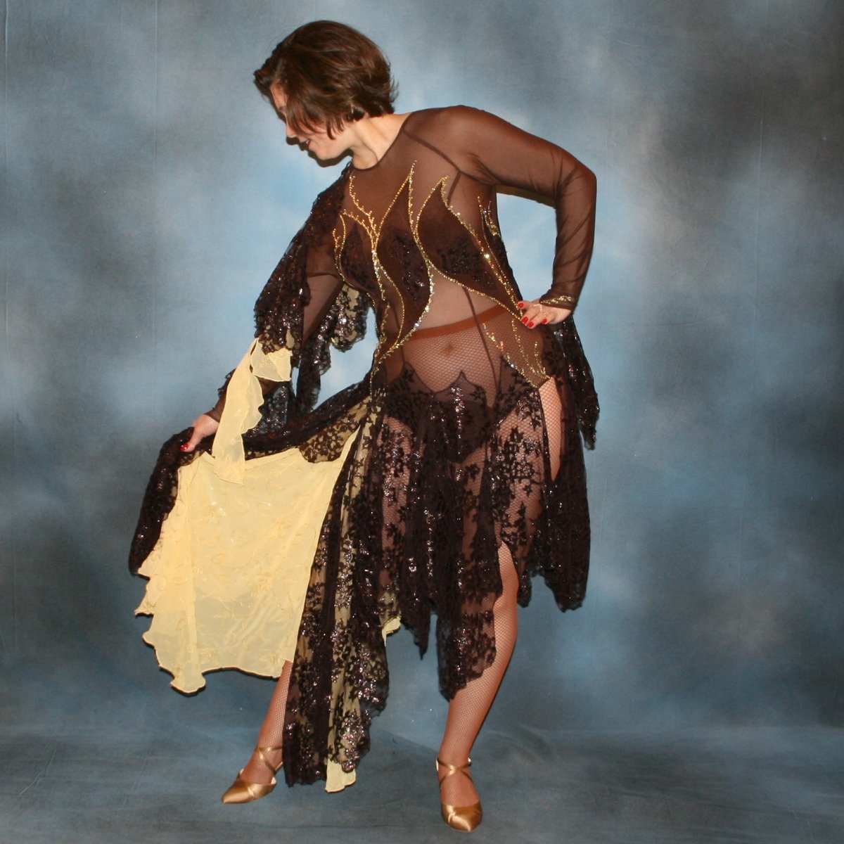 Crystal's Creations Gorgeous chocolate brown ballroom show dance dress created in luxurious chocolate brown metallic lace