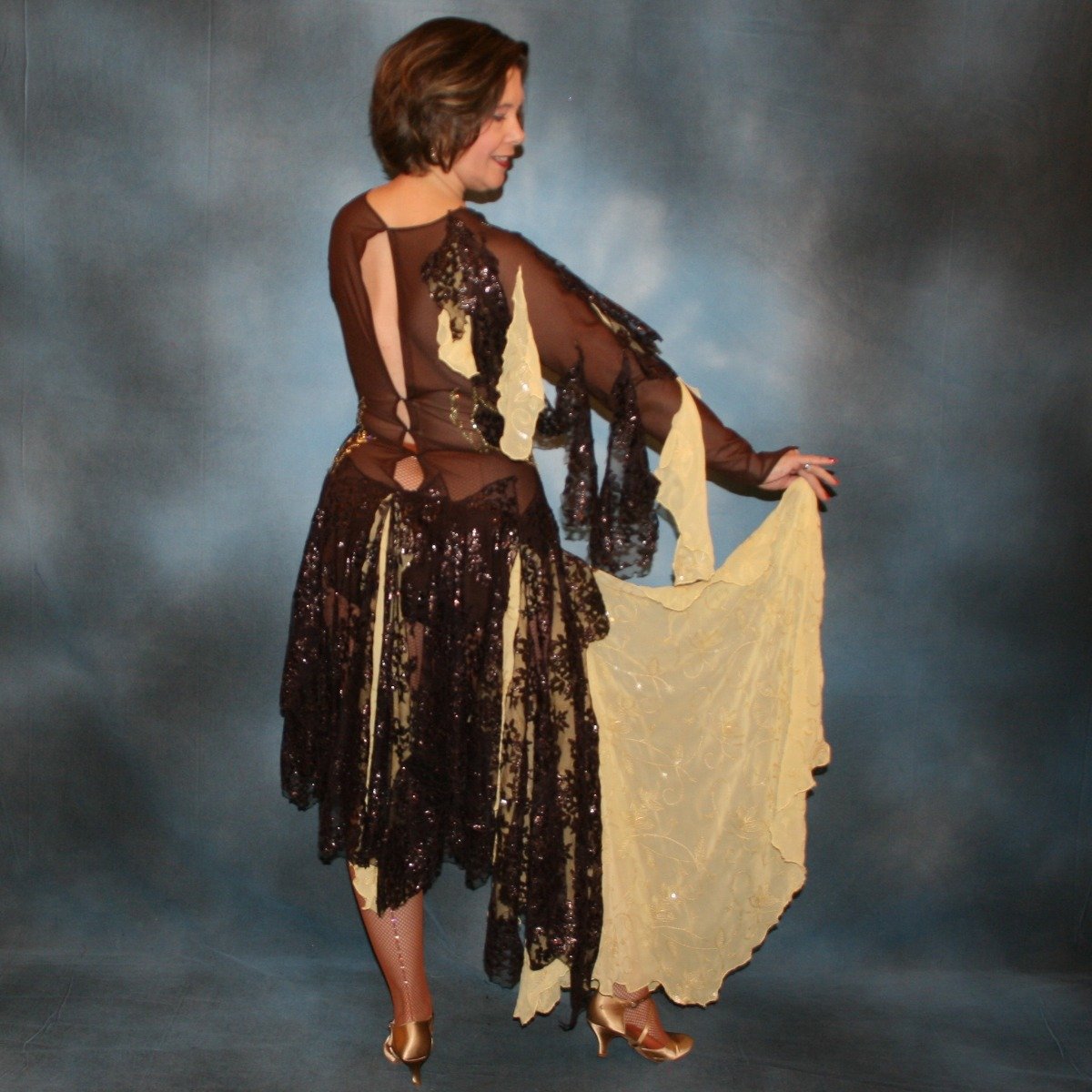 Crystal's Creations back view of gorgeous chocolate brown ballroom show dance dress created in luxurious chocolate brown metallic lace