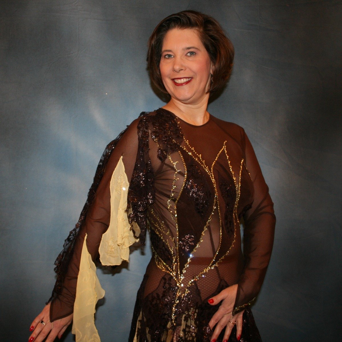 Crystal's Creations close up view of gorgeous chocolate brown ballroom show dance dress created in luxurious chocolate brown metallic lace