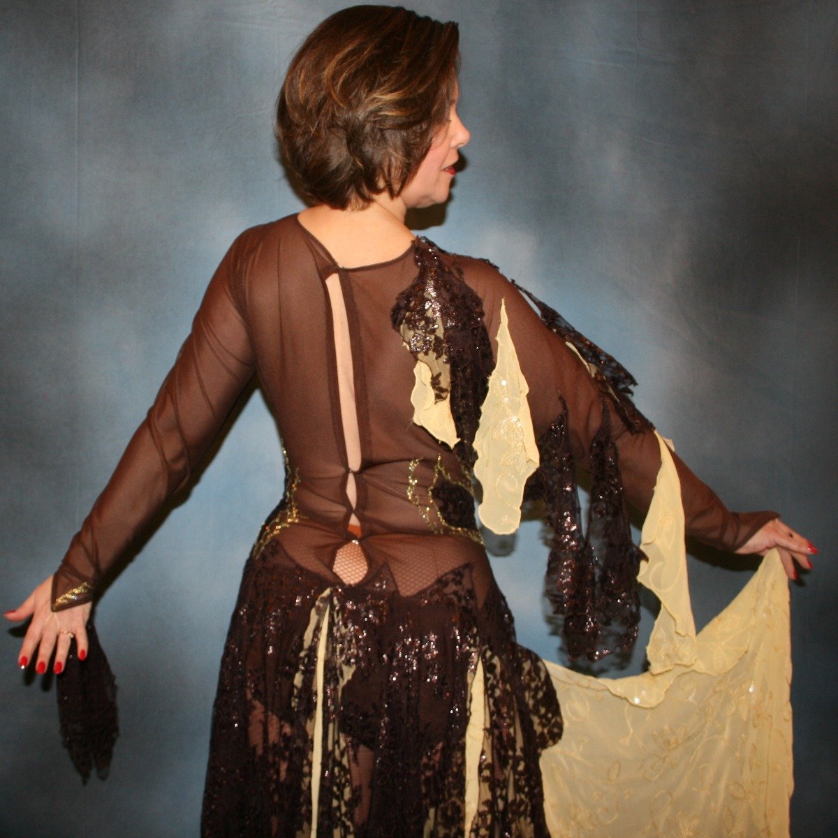 Crystal's Creations close up back view of gorgeous chocolate brown ballroom show dance dress created in luxurious chocolate brown metallic lace