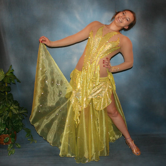 Crystal's Creations Yellow converta ballroom dress consisists of Latin/rhythm dress created of yellow hologram lycra overlayed artistically on nude illusion base, with handcut petal appliques on nude illusion base,embellished with citrine & jonquil ab Swarovski rhinestones, with converta skirt of yards of glittered organza.