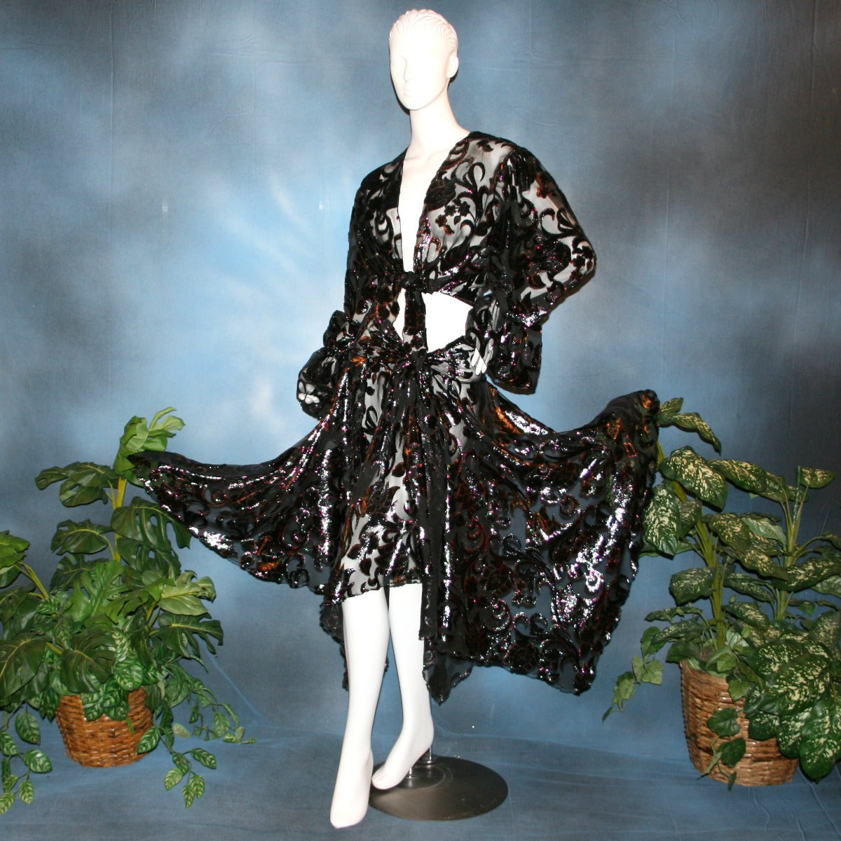 Crystal's Creations Wrap style panel ballroom skirt was created of black, fuchsia, & emerald green metallic burnout velvet