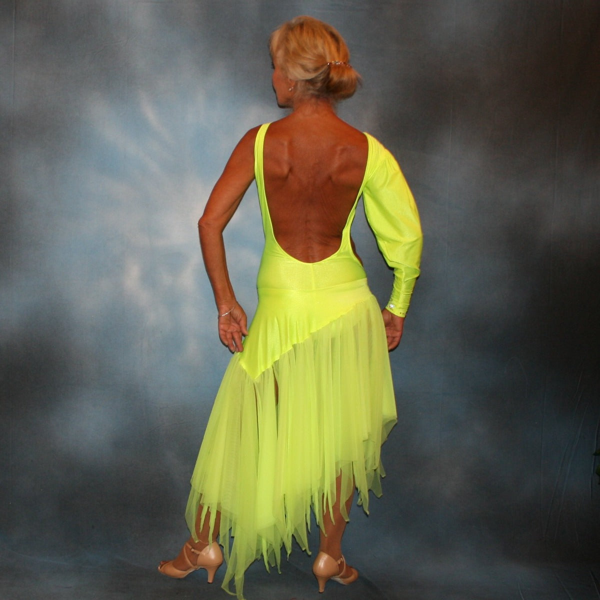Crystal's Creations back view of florescent yellow theatrical ballroom show dance dress