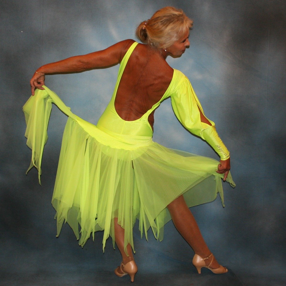 Crystal's Creations back view of florescent yellow theatrical ballroom show dance dress