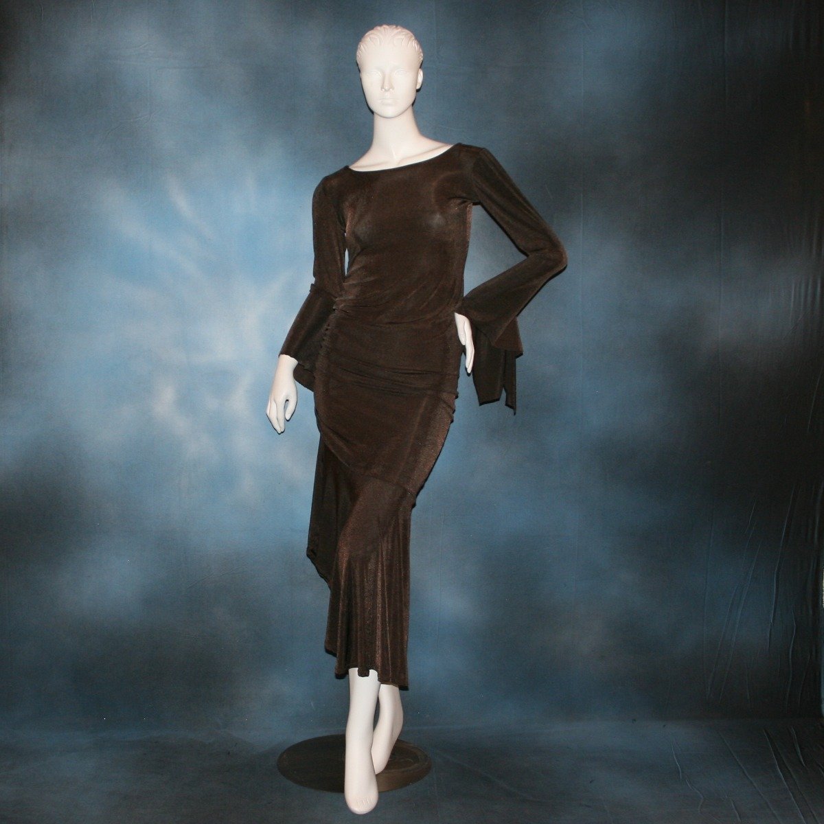 Crystal's Creations brown Latin dress created in luxurious deep chocolate brown slinky with side ruching