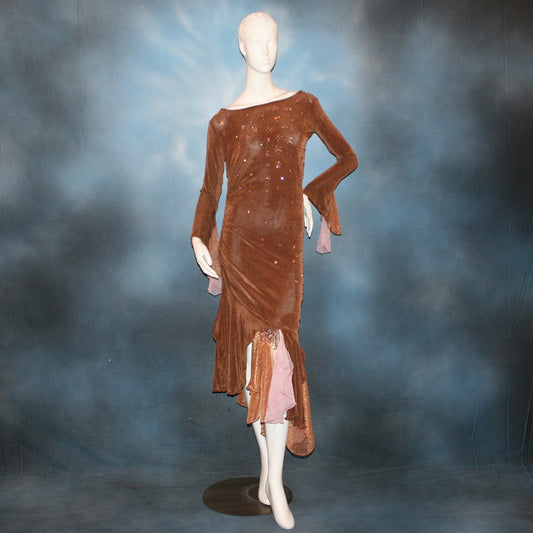 Latin/rhythm dress created of luxurious solid slinky in cinnamon brown with accents of bronze & soft pink is lavishly embellished with Swarovski