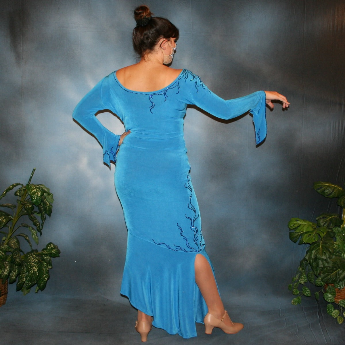 Crystal's Creations back view of blue slinky Latin/rhythm dress with detailed blue Swarovski rhinestone work