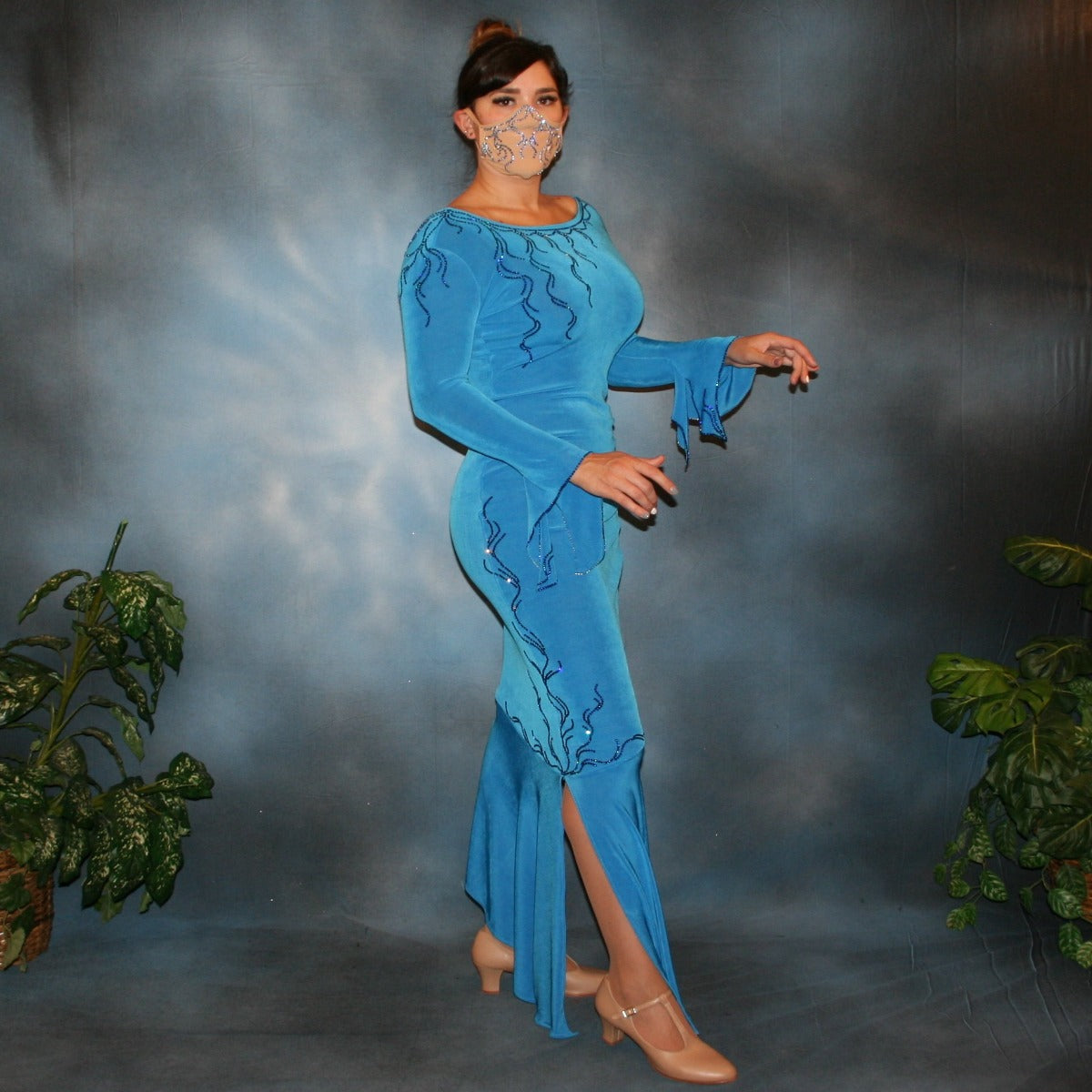 Crystal's Creations side view of blue slinky Latin/rhythm dress with detailed blue Swarovski rhinestone work