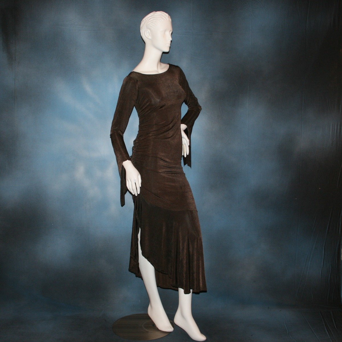Crystal's Creations side view of brown Latin dress created in luxurious deep chocolate brown slinky