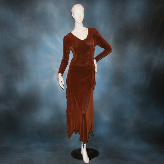 Cinnamon brown long sleeve angle cut tunic top includes A-line skirt with angle cuts of cinnamon brown colored solid slinky fabric, of which the tunic top can be worn as a simple Latin/rhythm dress... can be custom created in many colors.