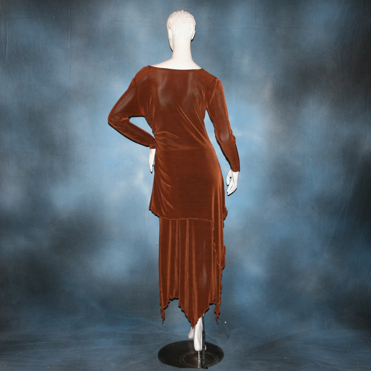 back view of Cinnamon brown long sleeve angle cut tunic top includes A-line skirt with angle cuts of cinnamon brown colored solid slinky fabric, of which the tunic top can be worn as a simple Latin/rhythm dress... can be custom created in many colors.