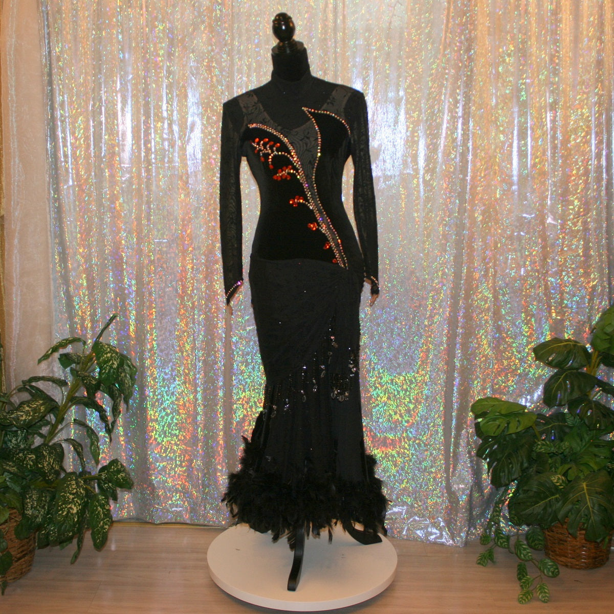 Black Ballroom Dress with Orange Accents & Black Feathers on Sale-Contessa