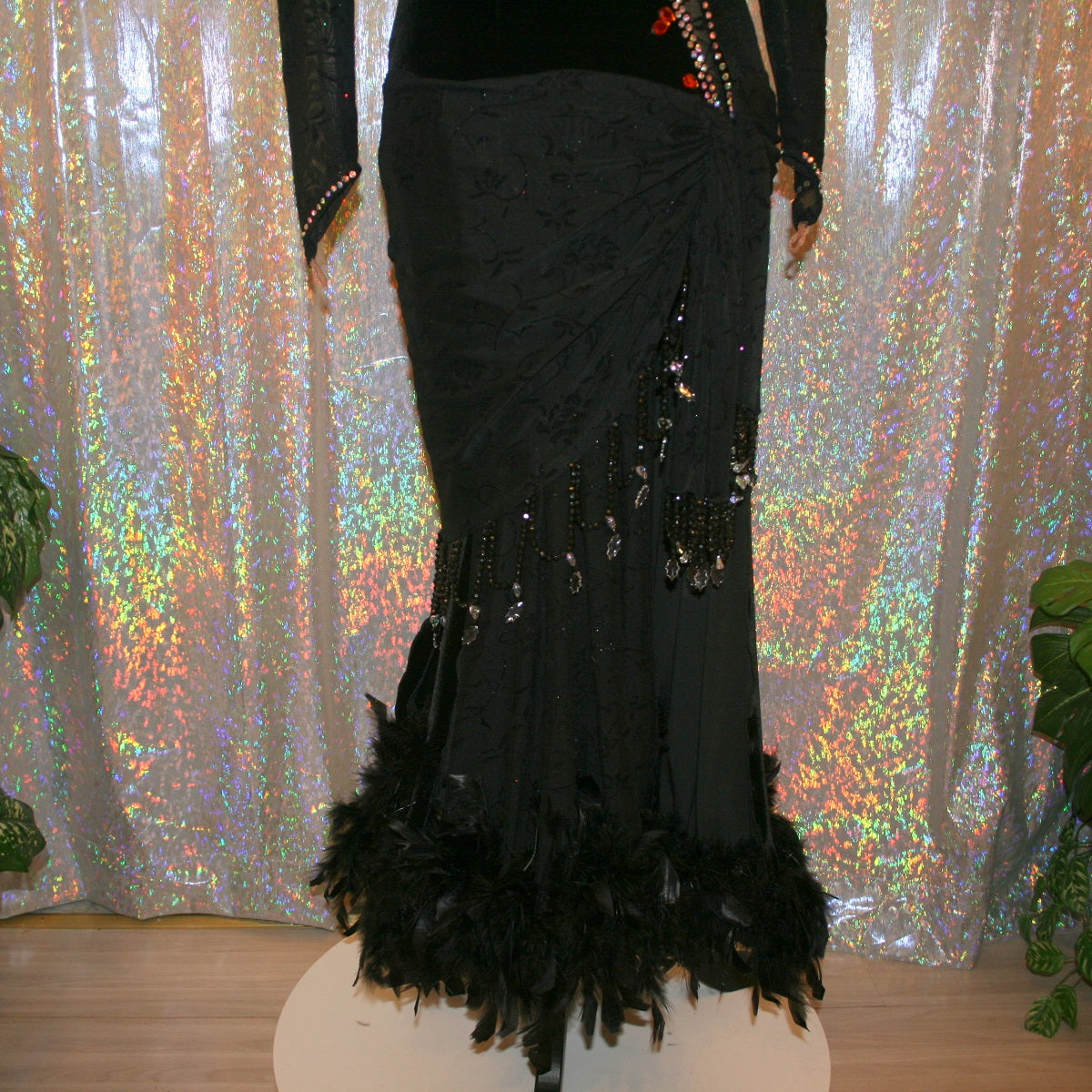 Black Ballroom Dress with Orange Accents & Black Feathers on Sale-Contessa