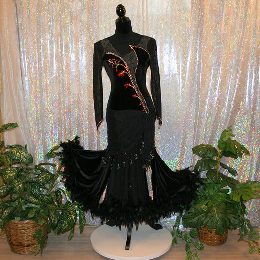 Black Ballroom Dress with Orange Accents & Black Feathers on Sale-Contessa