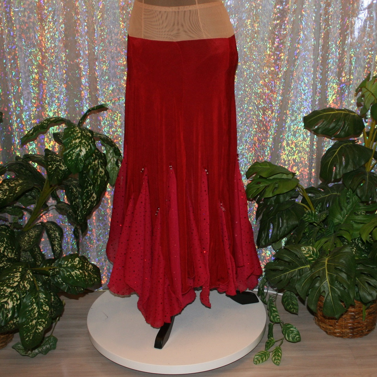 Scarlet red ballroom dance skirt created of luxurious scarlet red solid slinky with insets & floats of scarlet red champagne sequined chiffon with a touch of Swarovski hand beading.