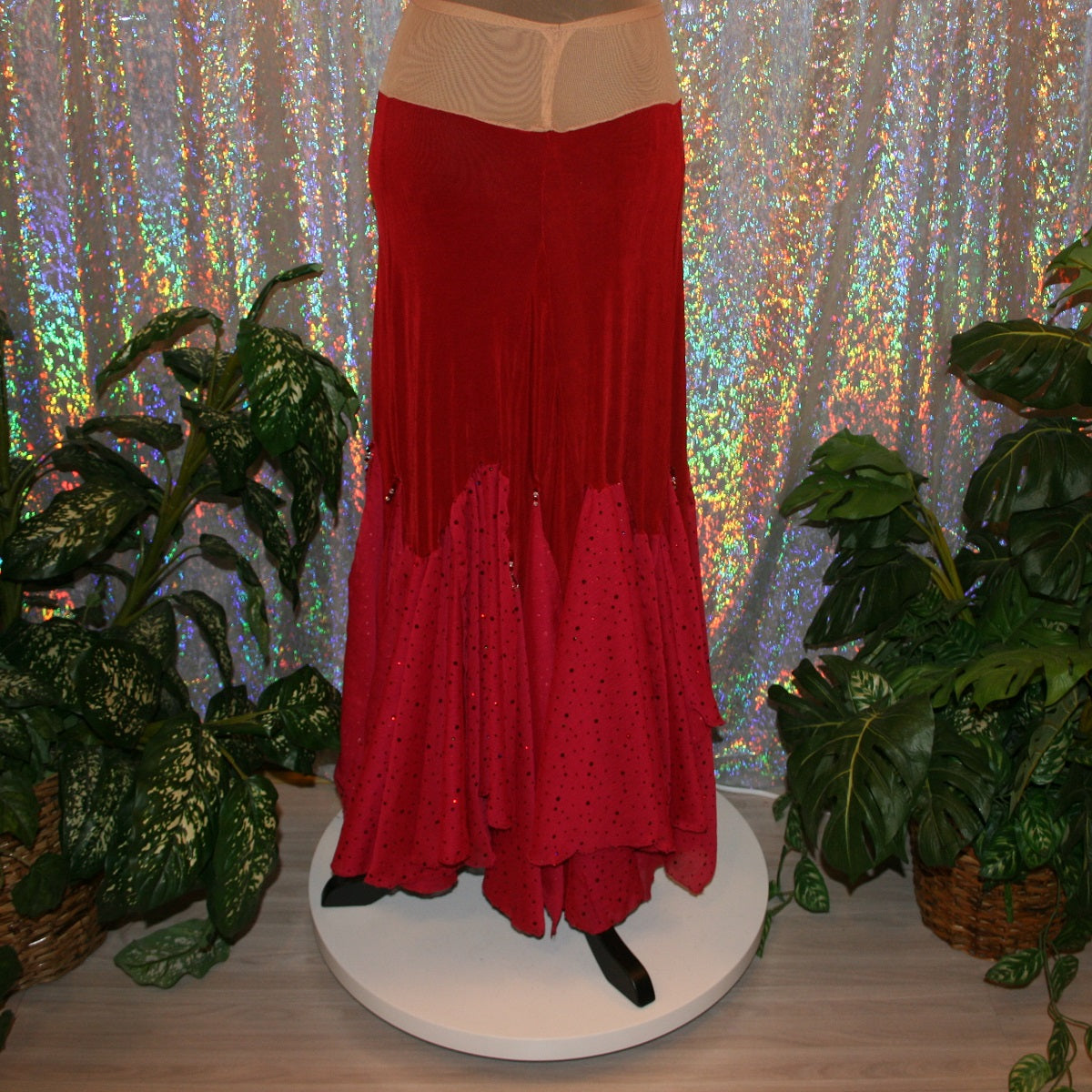 back view of Scarlet red ballroom dance skirt created of luxurious scarlet red solid slinky with insets & floats of scarlet red champagne sequined chiffon with a touch of Swarovski hand beading.