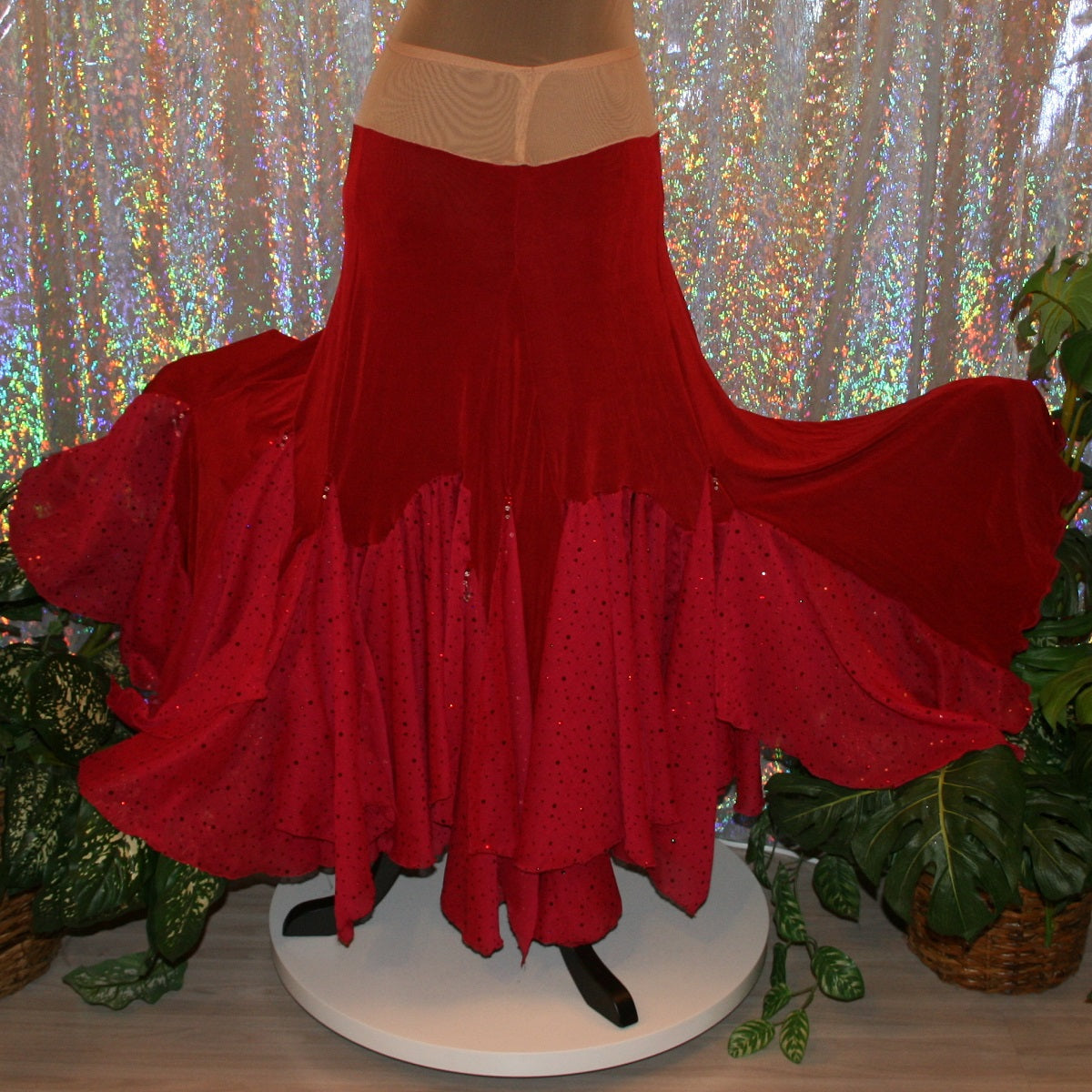 back view of Scarlet red ballroom dance skirt created of luxurious scarlet red solid slinky with insets & floats of scarlet red champagne sequined chiffon with a touch of Swarovski hand beading.