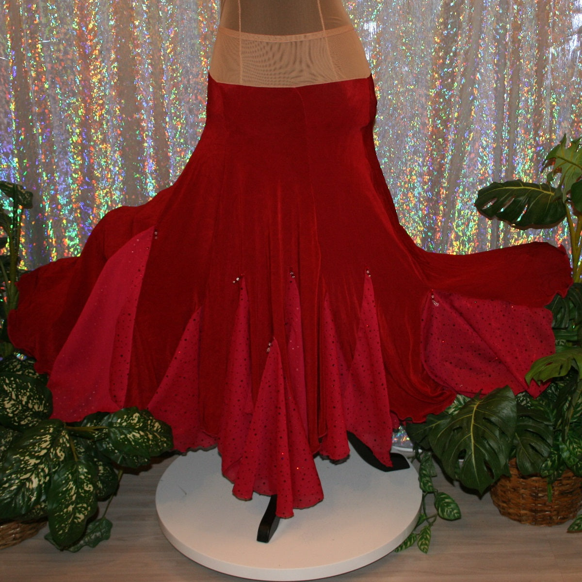Scarlet red ballroom dance skirt created of luxurious scarlet red solid slinky with insets & floats of scarlet red champagne sequined chiffon with a touch of Swarovski hand beading.