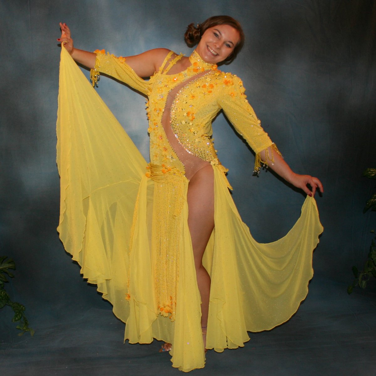 Crystal's Creations Yellow ballroom dress created in sunny yellow slinky glitterknit with glitter gold flocked yellow chiffon