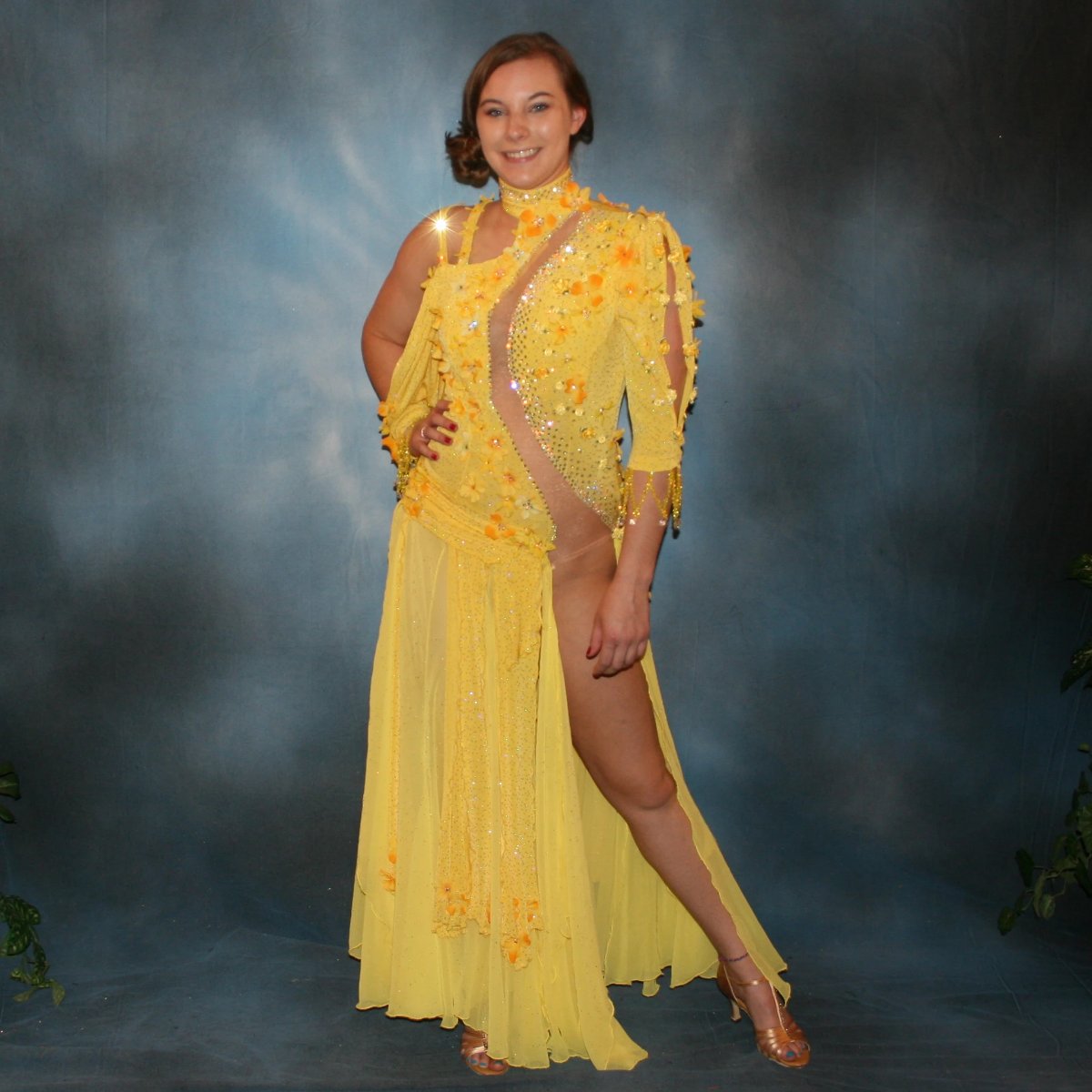 Crystal's Creations Yellow ballroom dress created in sunny yellow slinky glitterknit with glitter gold flocked yellow chiffon
