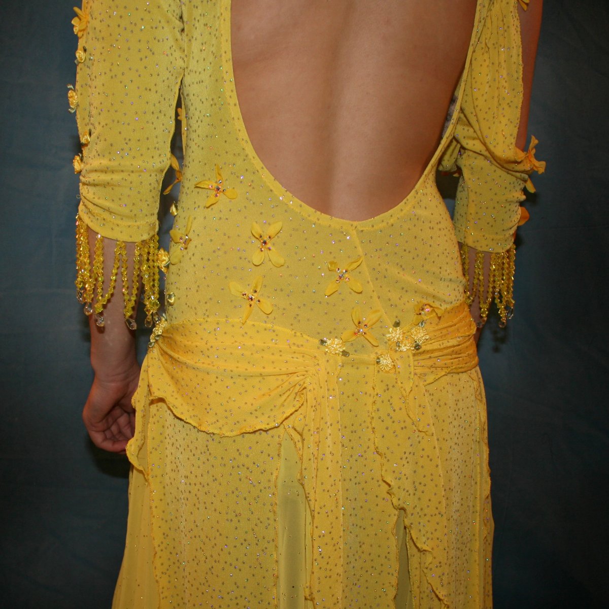 Crystal's Creations back close up view of Yellow ballroom dress created in sunny yellow slinky glitterknit with glitter gold flocked yellow chiffon