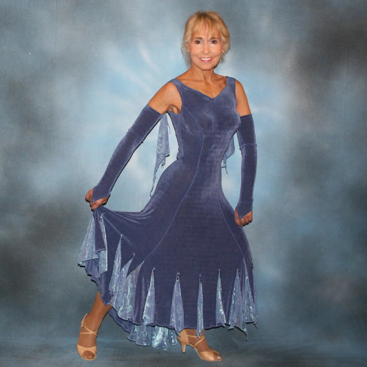 Crystal's Creations Beautiful slate blue classic ballroom dress with princess seaming, created in luxurious solid slinky with iridescent insets, flounces & small floats, embellished with Swarovski hand beading. Lovely as is for any ballroom dance, social event or beginner show dance dress