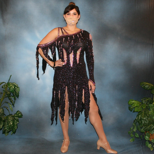 Crystal's Creations black Latin/rhythm dress created of black glitter slinky with light pink glitter accents that look like champagne bubbles, is embellished with light rose pink  Swarovski rhinestone work & hand beading