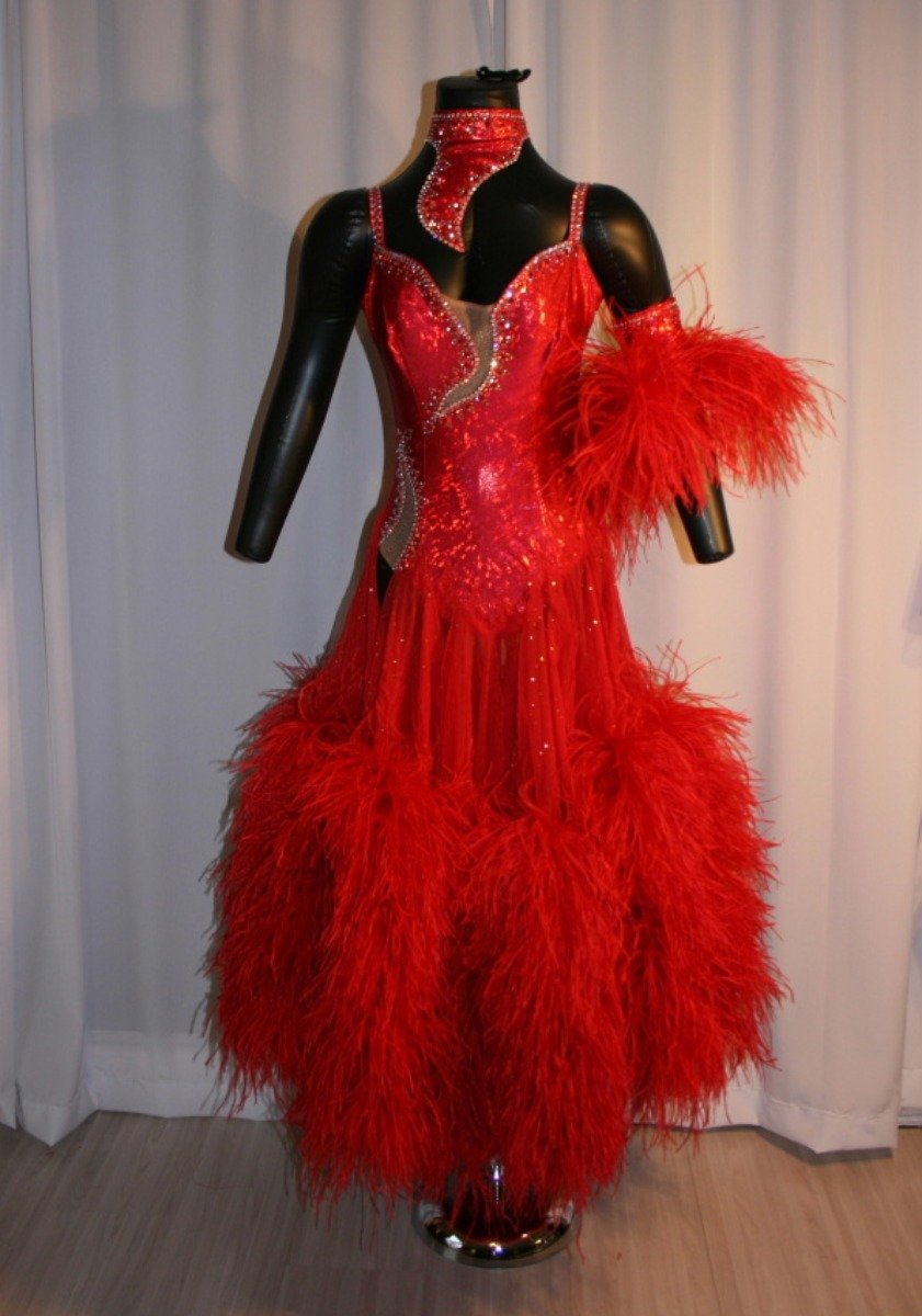 Crystal's Creations red ballroom dress created of red hologram lycra with ostrich feathers