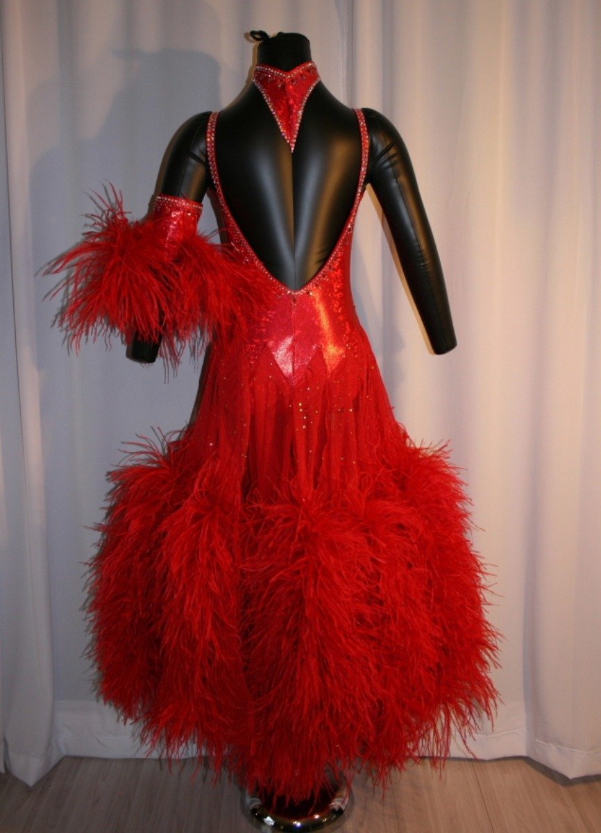 Crystal's Creations back view of red ballroom dress created of red hologram lycra with ostrich feathers
