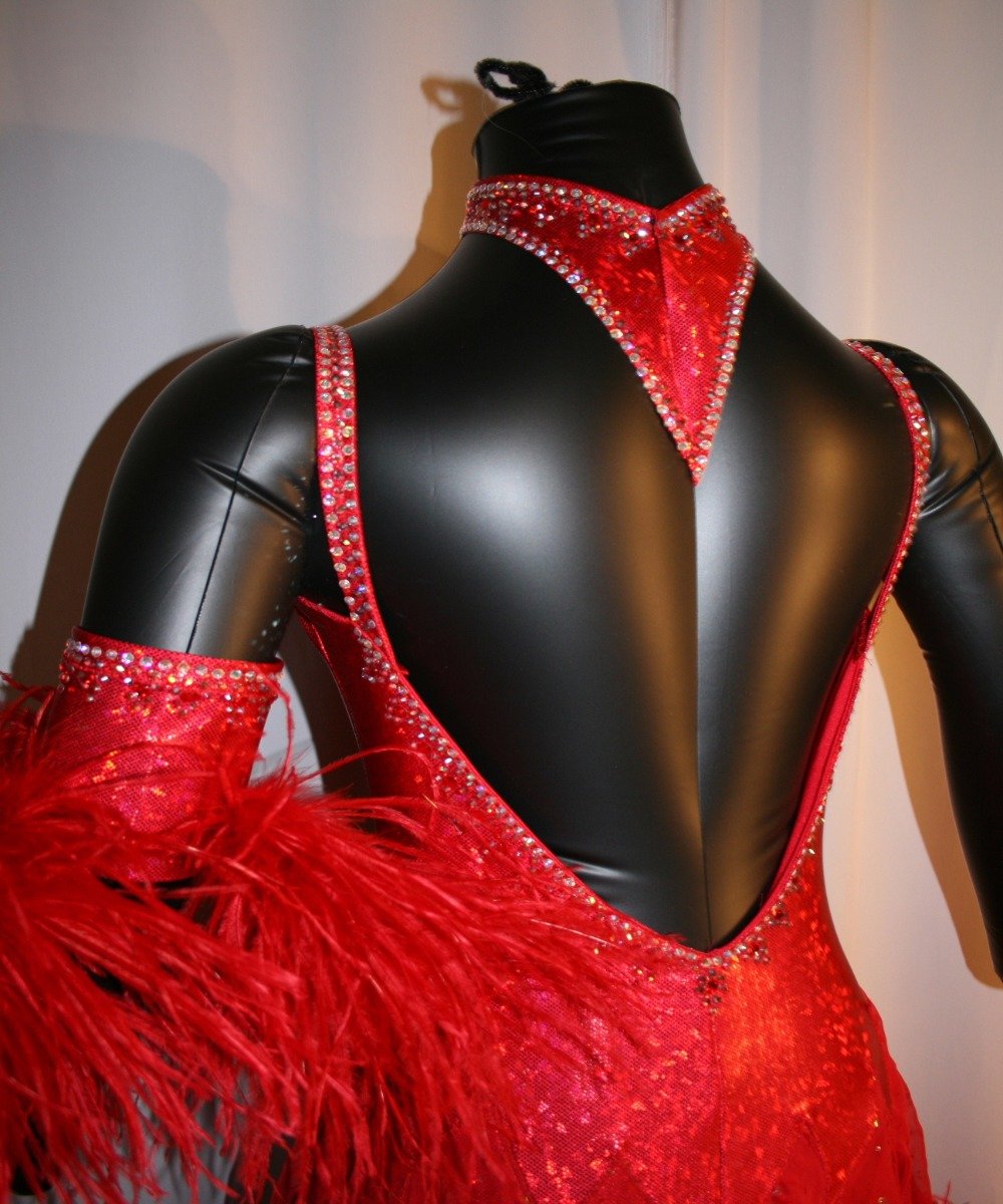 Crystal's Creations close up back view of red ballroom dress created of red hologram lycra with ostrich feathers