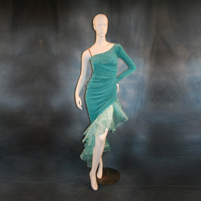 Crystal's Creations aqua Latin/rhythm dress created in aqua luxurious solid slinky with glitter organza flounces, aqua Swarovski rhinestone work 