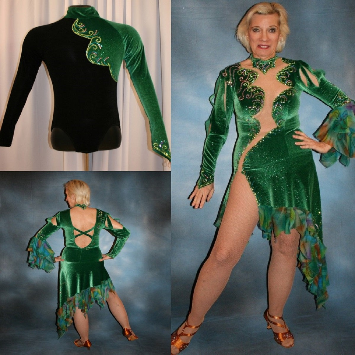 Purchase the whole Emerald Green Latin/Rhythm Dance set of Ladies Latin/Rhythm Dress & Men's Latin/Rhythm Shirt & SAVE more! Whole set is only $1600.00!