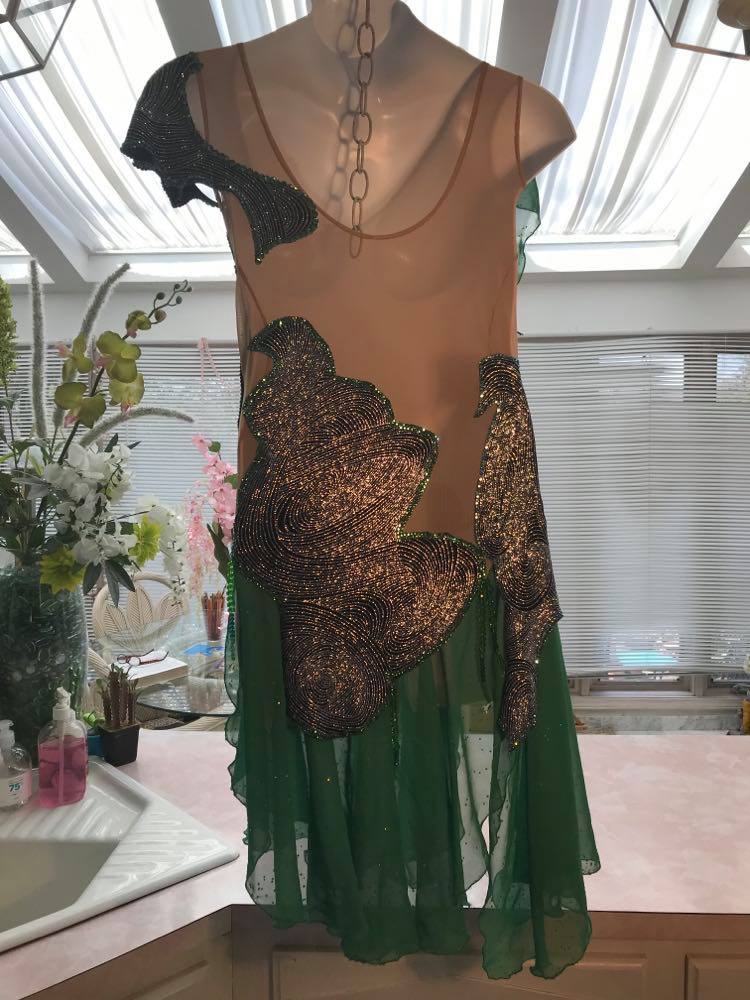 Silver Latin-Rhythm Dress | Emerald Green Accents | Size 5/6-9/10 Silver Latin-Rhythm Dress | Emerald Green Accents | Size 5/6-9/10