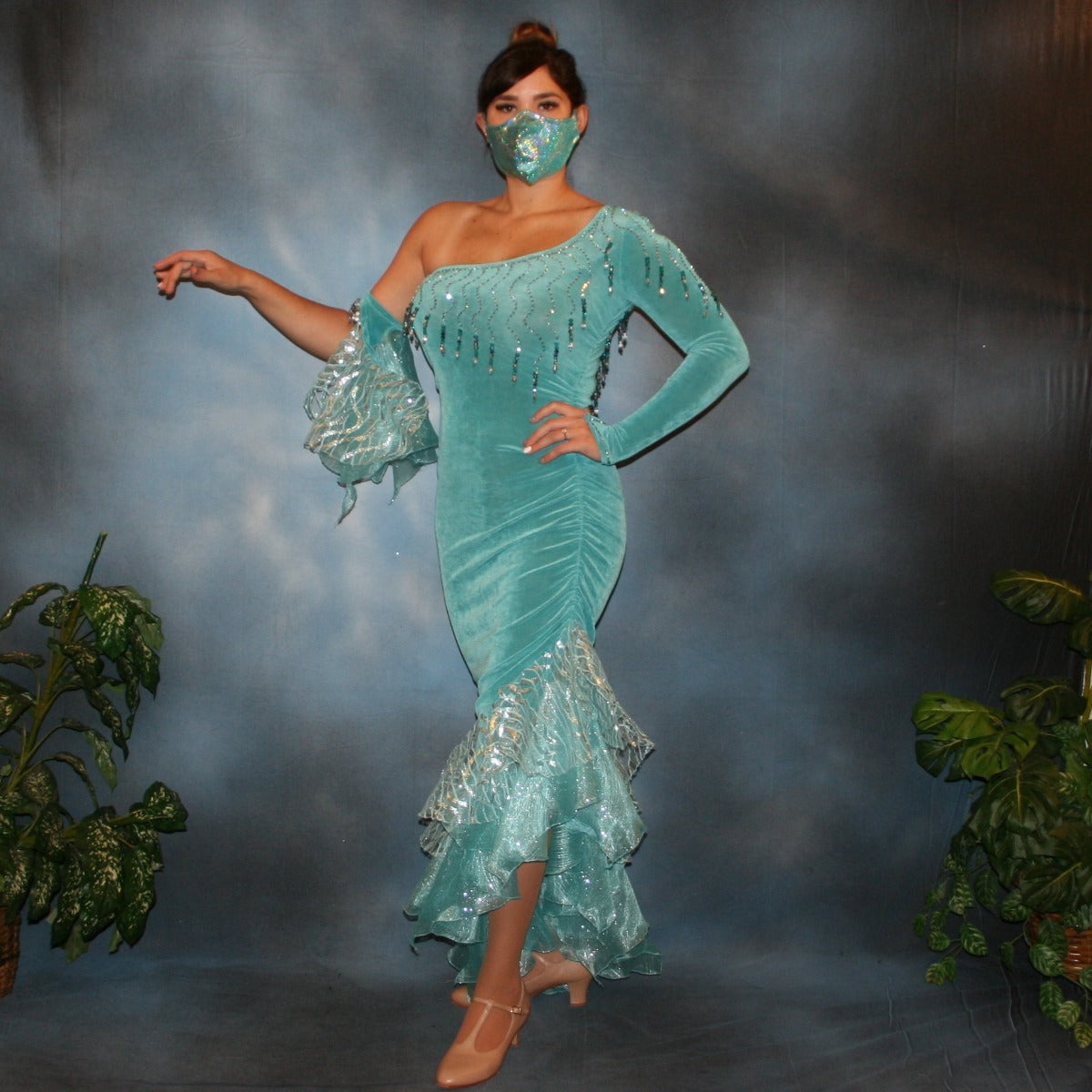 Crystal's Creations aqua Latin/rhythm dress created in aqua luxurious solid slinky with glitter organza flounces, aqua Swarovski rhinestone work & hand beading