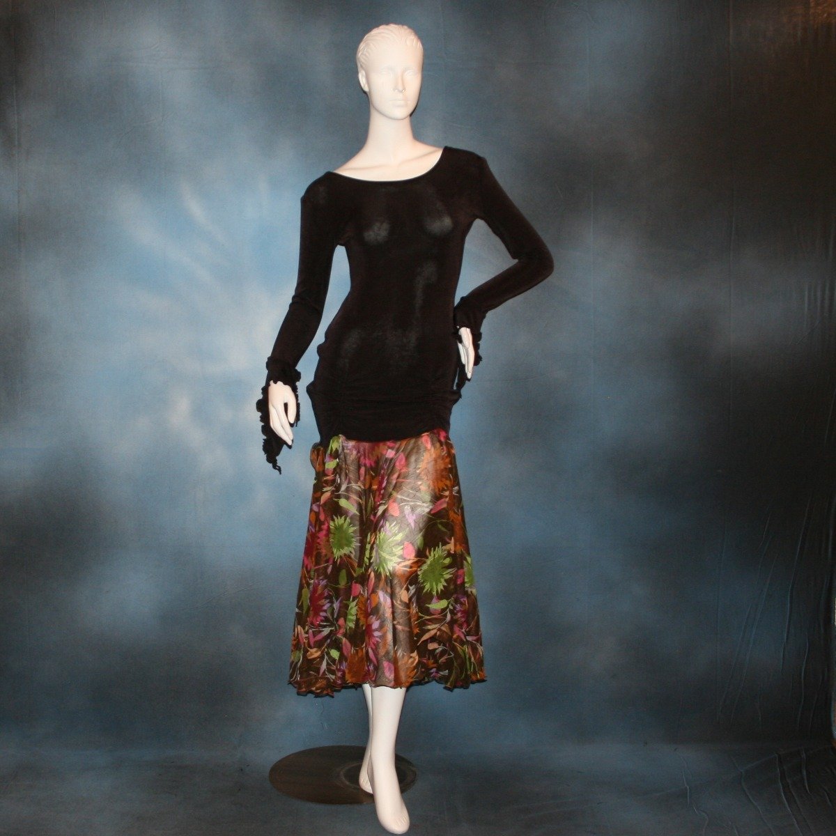 Crystal's Creations Deep chocolate brown social ballroom dress created of luxurious deep chocolate brown solid slinky base featuring ruching through the hip area, & interesting long flared sleeves, with yards of fall colored flowers chiffon petal panels