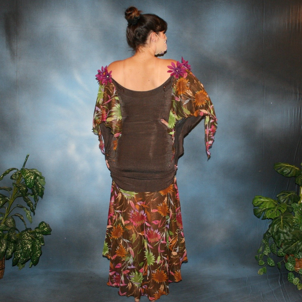 Crystal's Creations back view of brown ballroom dress created of luxurious chocolate brown slinky along with fall flowers print chiffon