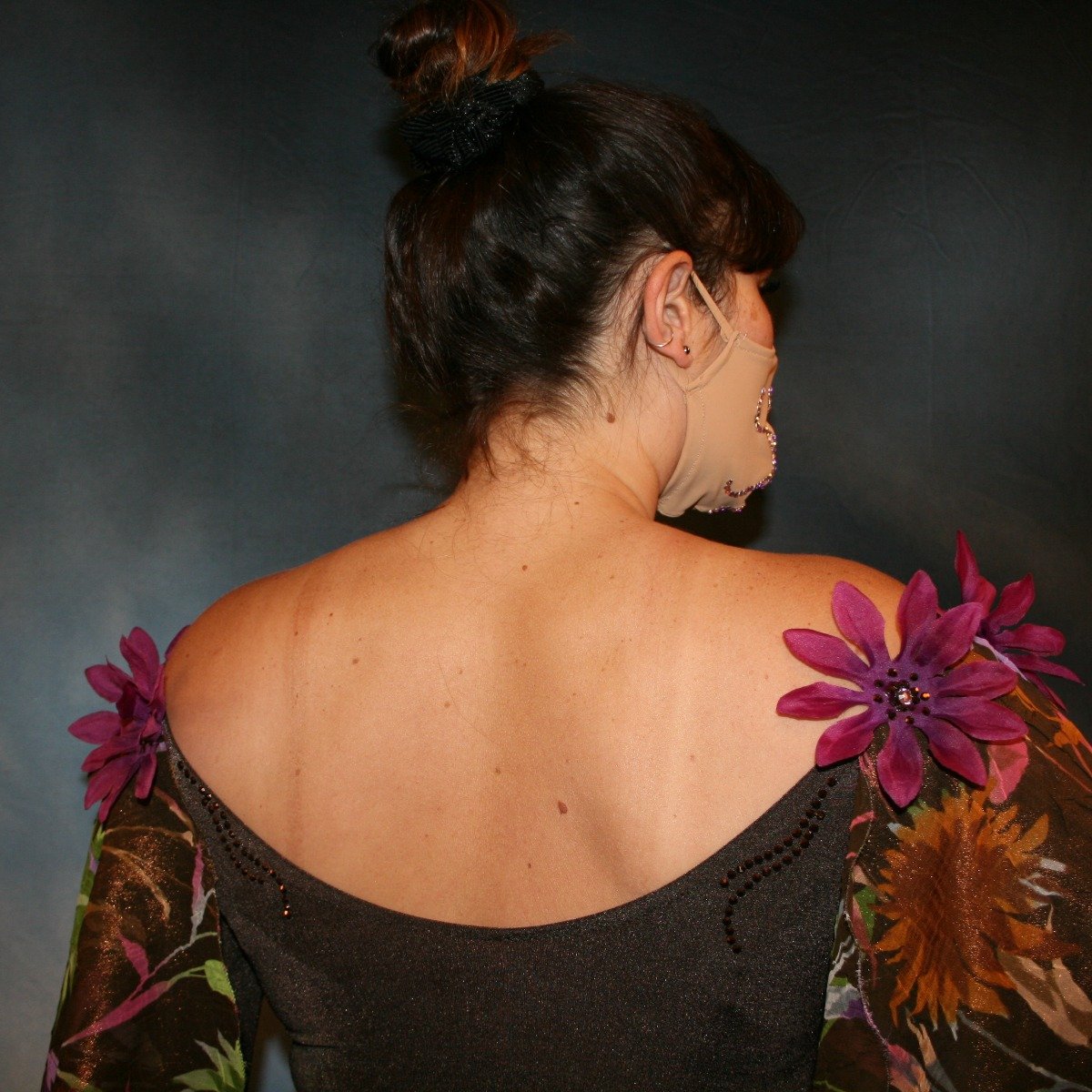 Crystal's Creations close up back view of brown ballroom dress created of luxurious chocolate brown slinky along with fall flowers print chiffon