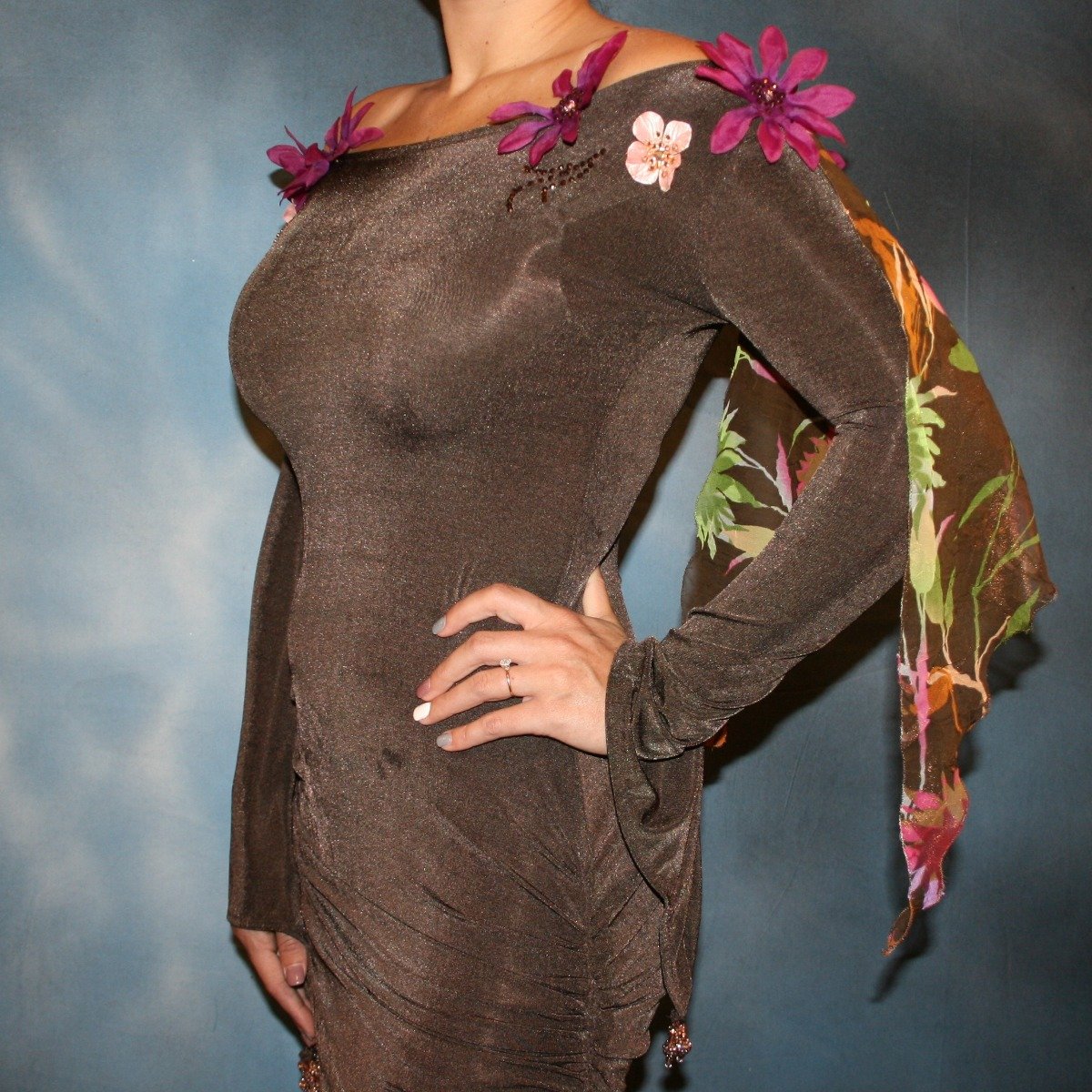 Crystal's Creations close up view of brown ballroom dress created of luxurious chocolate brown slinky along with fall flowers print chiffon