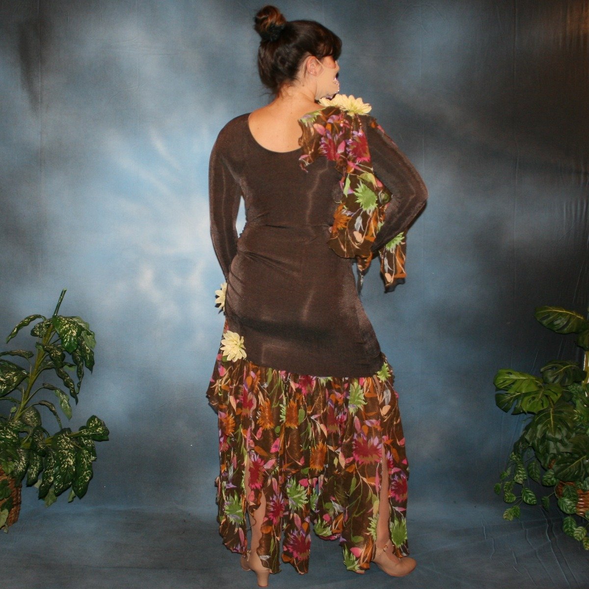 Crystal's Creations back view of brown ballroom dress created in luxurious deep chocolate brown slinky along with fall flowers print chiffon