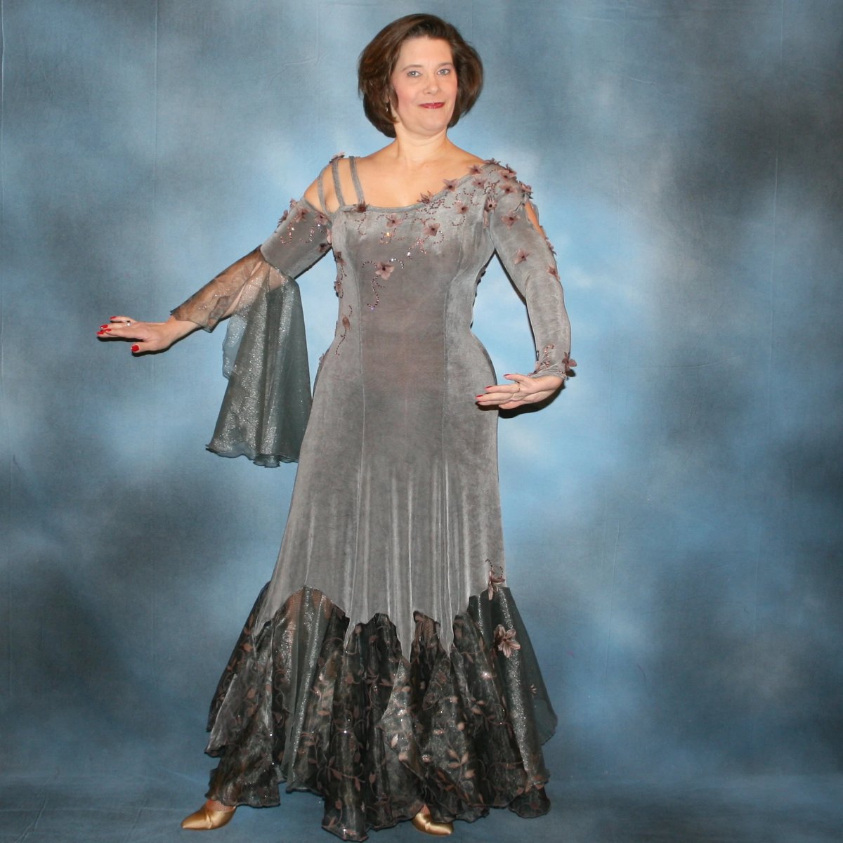 Grey Ballroom Dress | Orchid Flower Accents
