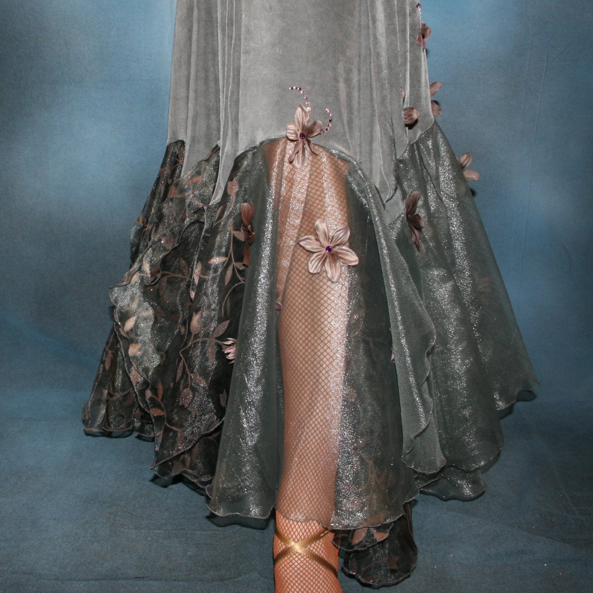 Crystal's Creations close up view of Elegant smoke grey ballroom dress was created in luxurious smoke grey solid slinky with gorgeous & delicate floral pattern organza flouncing of smoke grey with gorgeous orchid floral design