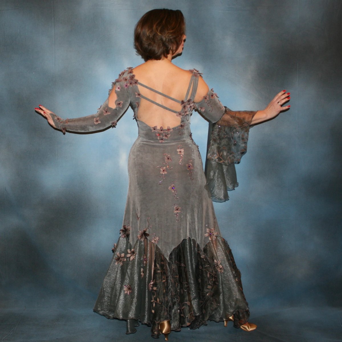 Crystal's Creations back view of Elegant smoke grey ballroom dress was created in luxurious smoke grey solid slinky with gorgeous & delicate floral pattern organza flouncing of smoke grey with gorgeous orchid floral design