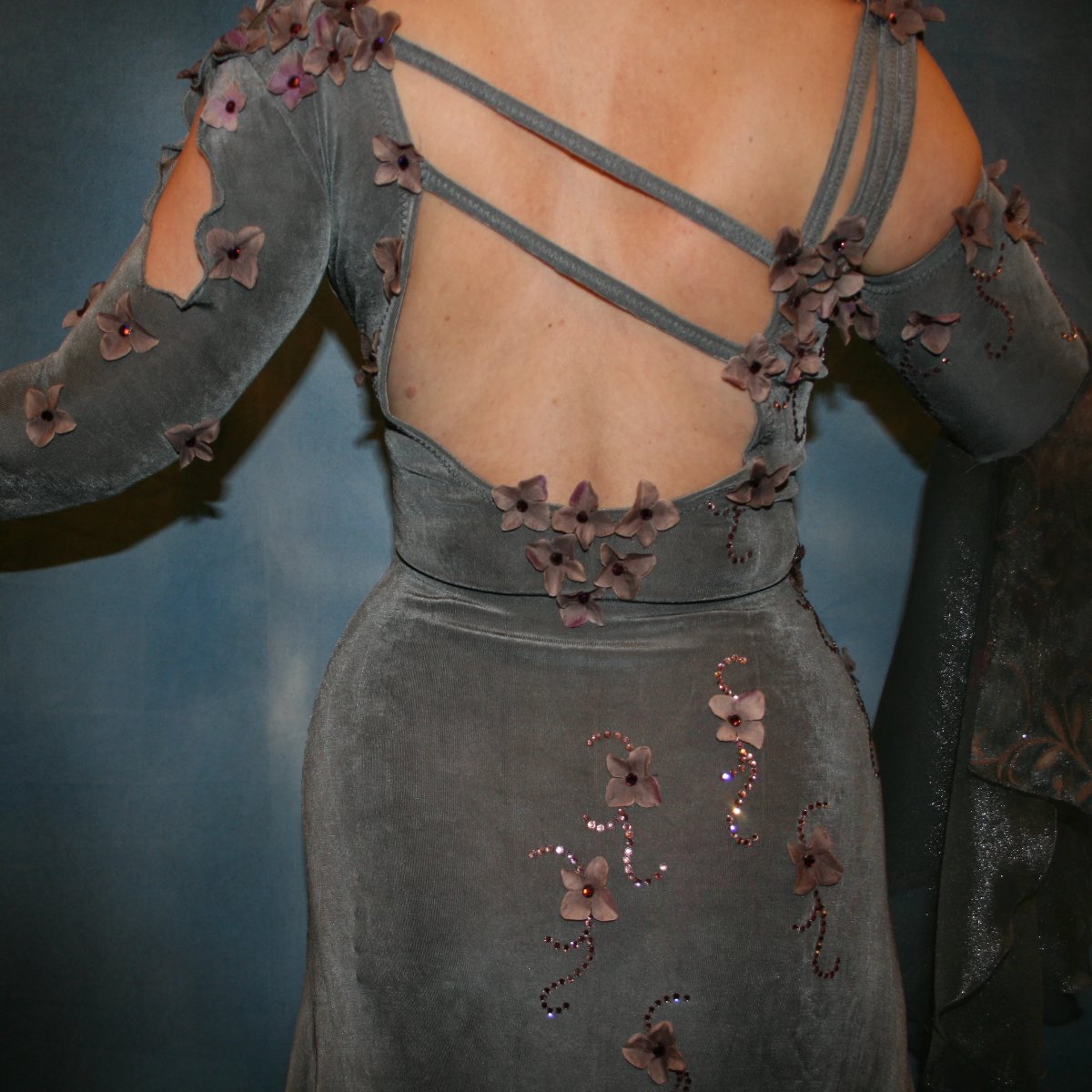 Crystal's Creations close up of back deatails on Elegant smoke grey ballroom dress was created in luxurious smoke grey solid slinky with gorgeous & delicate floral pattern organza flouncing of smoke grey with gorgeous orchid floral design