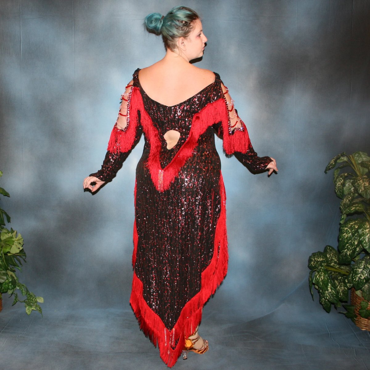 Black Plus Size Latin-Rhythm Dress with Red and Pink Accents-Fire Flower