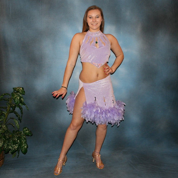 Crystal's Creations Sassy orchid little two piece Latin/rhythm dress of orchid luxurious glitter stretch velvet with chandelle feathers at skirt edge & CAB Swarovski stones accenting peak of bodice & fully covering neck band