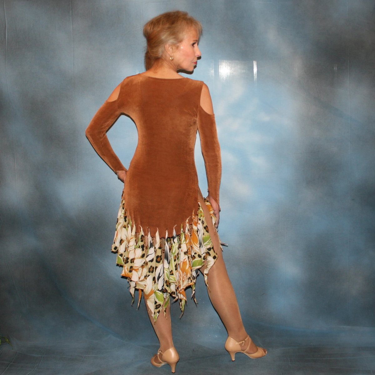 Crystal's Creations back view of Latin/rhythm dance dress of luxurious cinnamon/ginger colored solid slinky with flounces of tropical/leopard print, enhanced with hand beading through out the flounces is a converta-ballroom dress