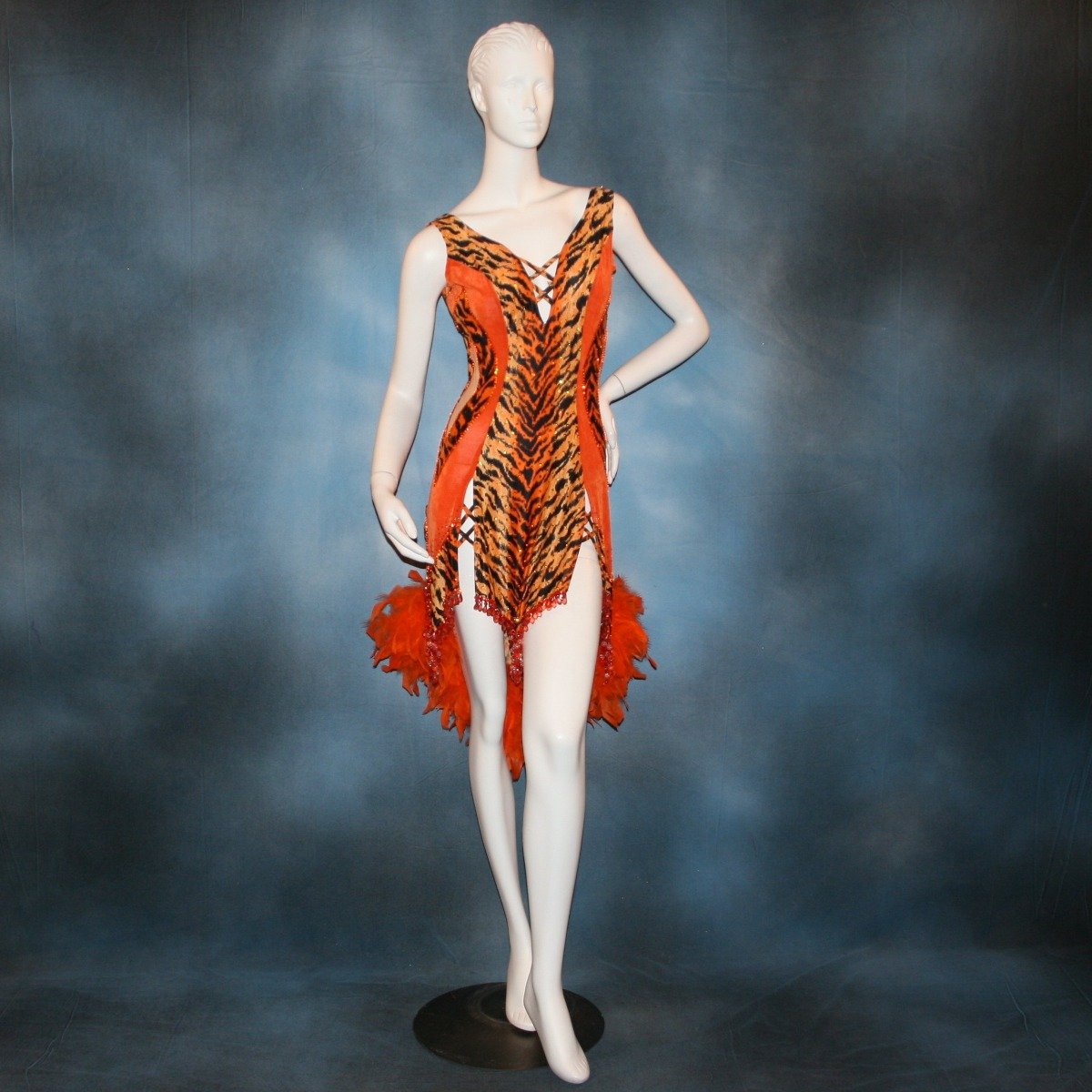 Crystal's Creations orange & black tiger print Latin/rhythm dress with chandelle feathers & hand beading