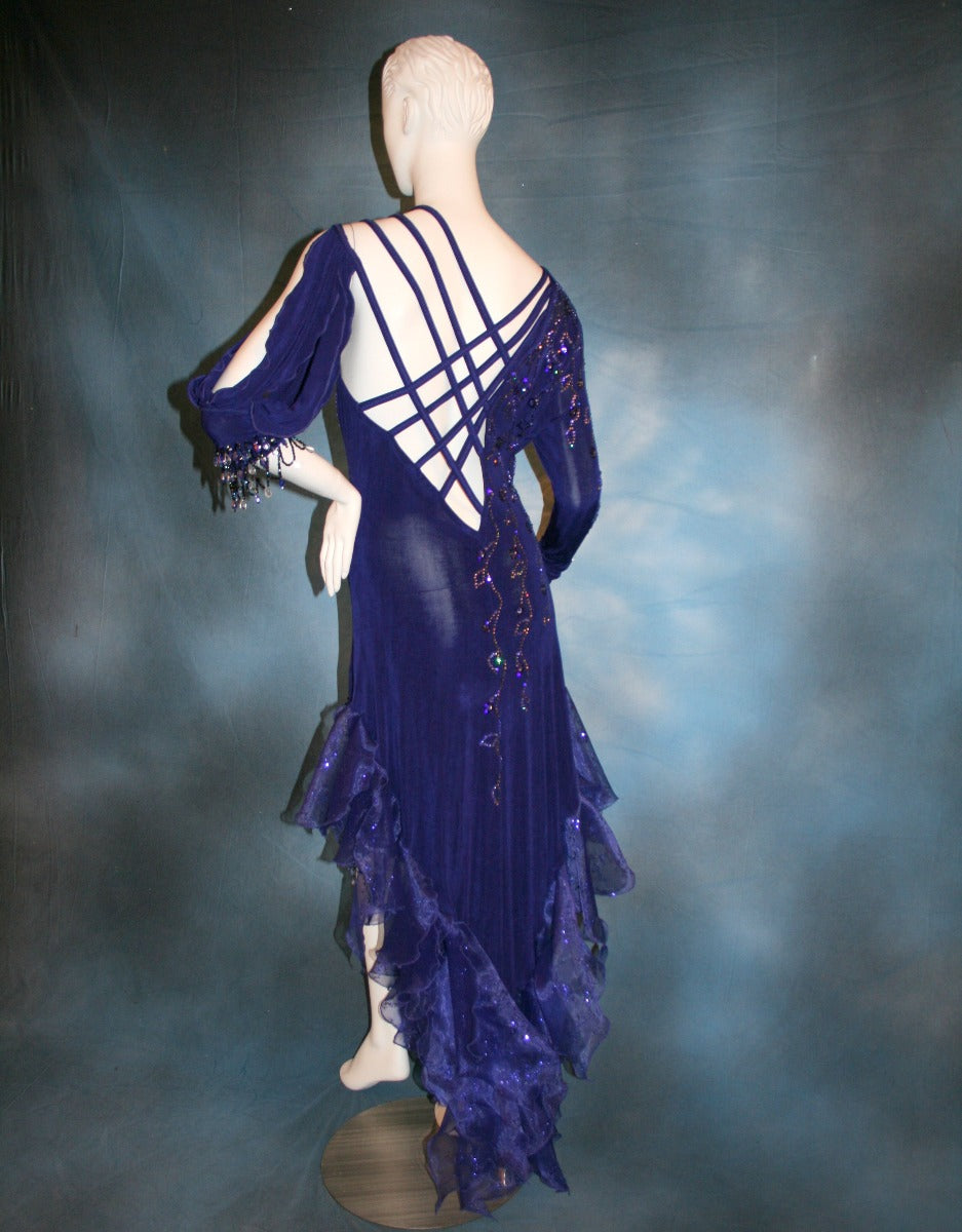 Crystal's Creations back view of  indigo blue Latin dress created of luxurious solid slinky with extensive Swarovski rhinestone work & hand beading